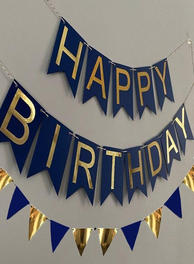 PICKKART Happy Birthday Banner Set, Black and Gold Party Decoration with Triangle Bunting Flags (Navy Blue-Gold) - Image 2